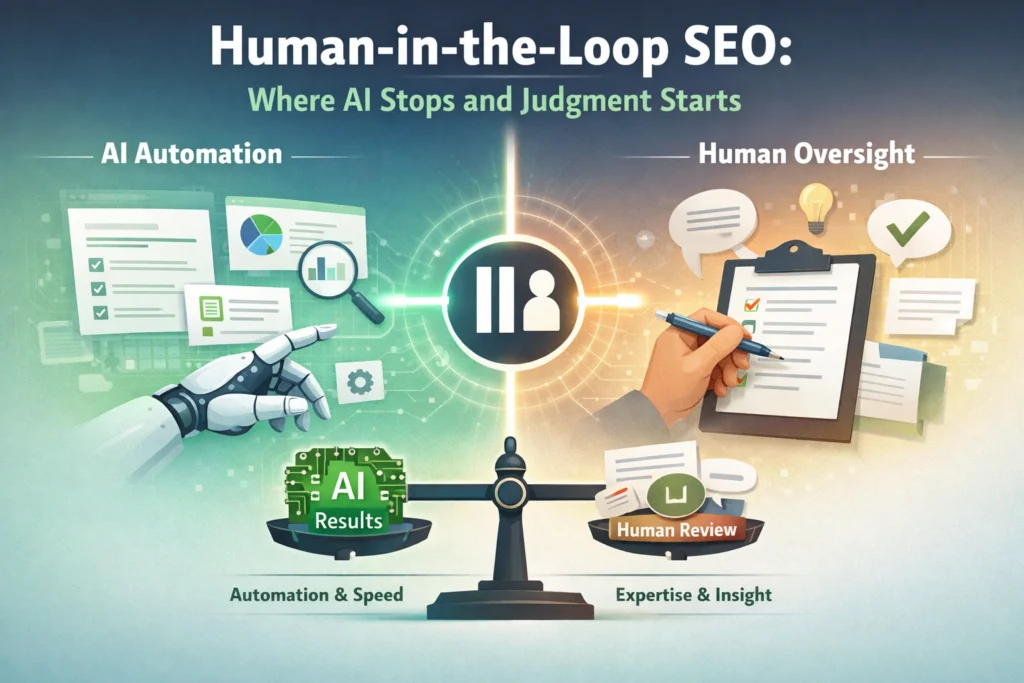 Human-in-the-Loop SEO: Where AI Stops and Judgment Starts Human In The Loop SEO Where AI Stops And Judgment Starts 1024x683